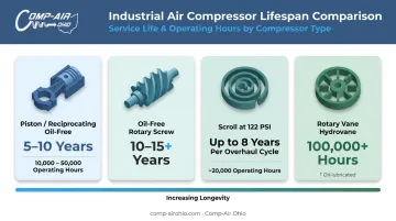 Oil-free compressor lifespan comparison chart by type years and hours