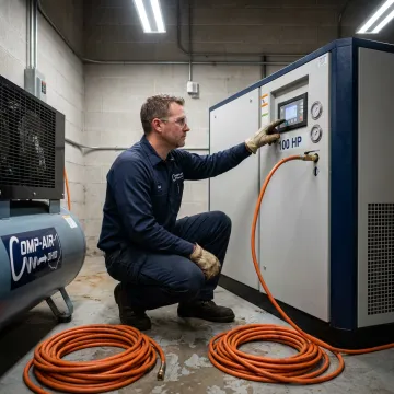 Technician checking an air compressor rental setup