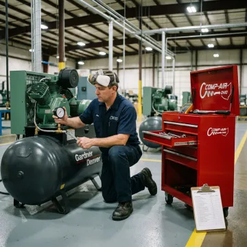 Technician repairing an industrial air compressor