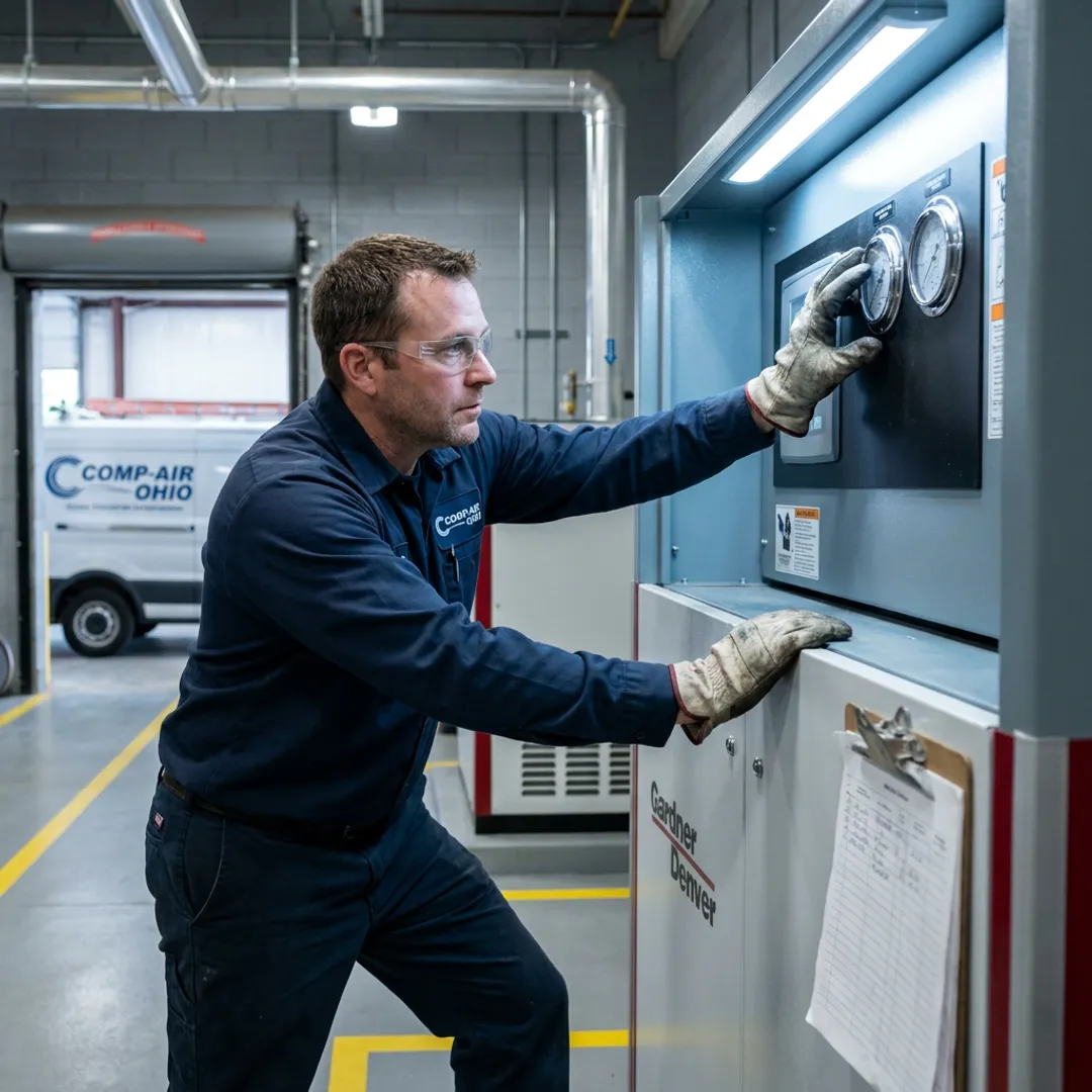 Technician inspecting compressor controls