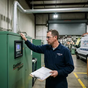 Technician inspecting textile plant compressor controls