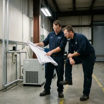 Technicians reviewing compressor installation plans