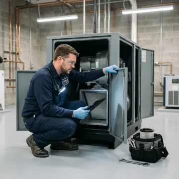 Technician servicing an industrial air compressor