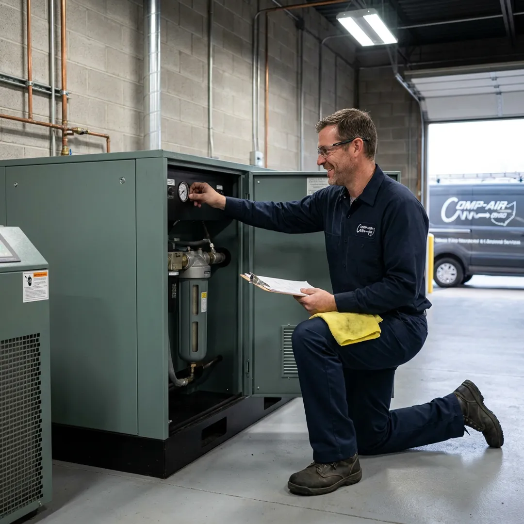 Air compressor technician performing maintenance checks