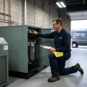 Air compressor technician performing maintenance checks