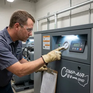 Technician reviewing rental air compressor controls