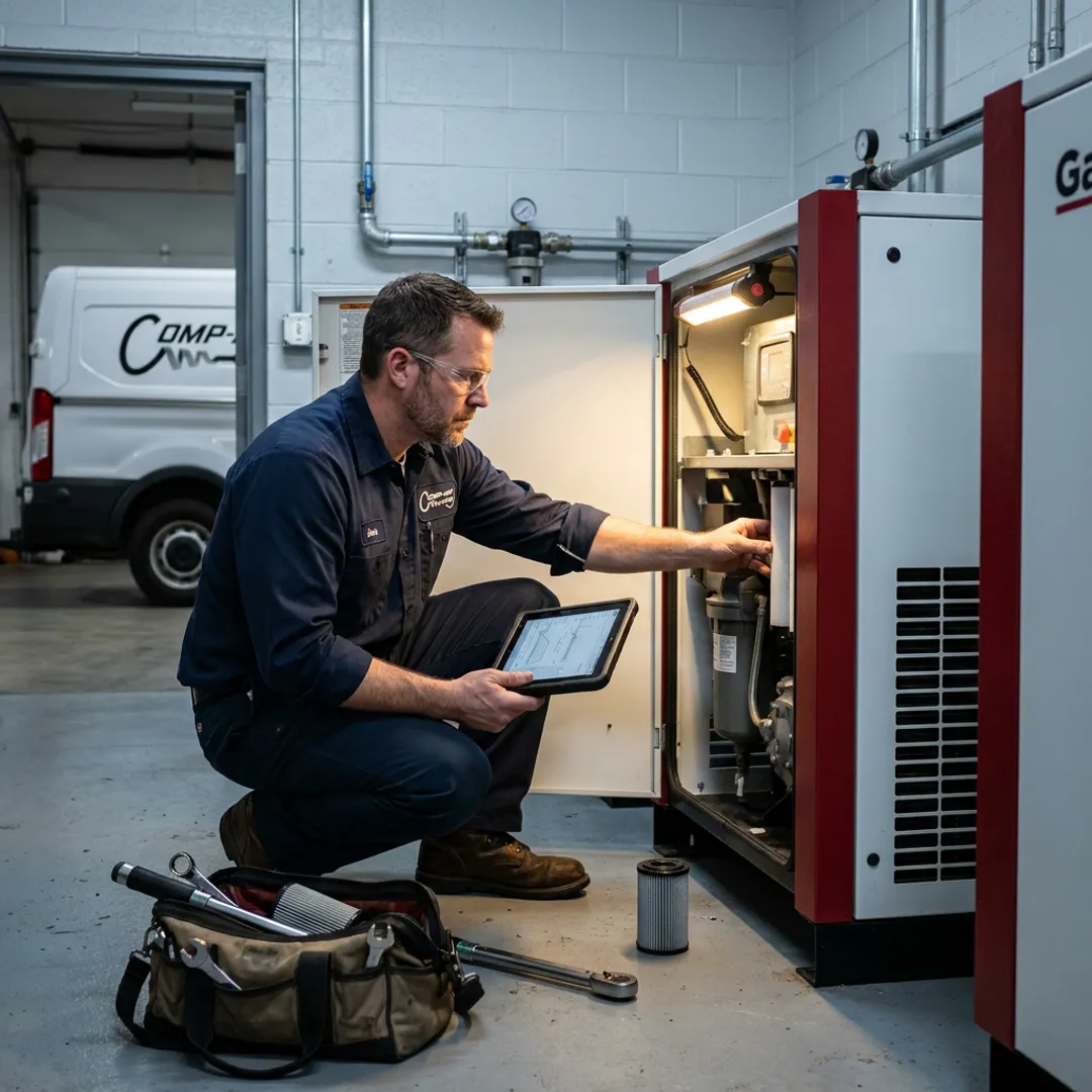 Technician repairing an industrial air compressor