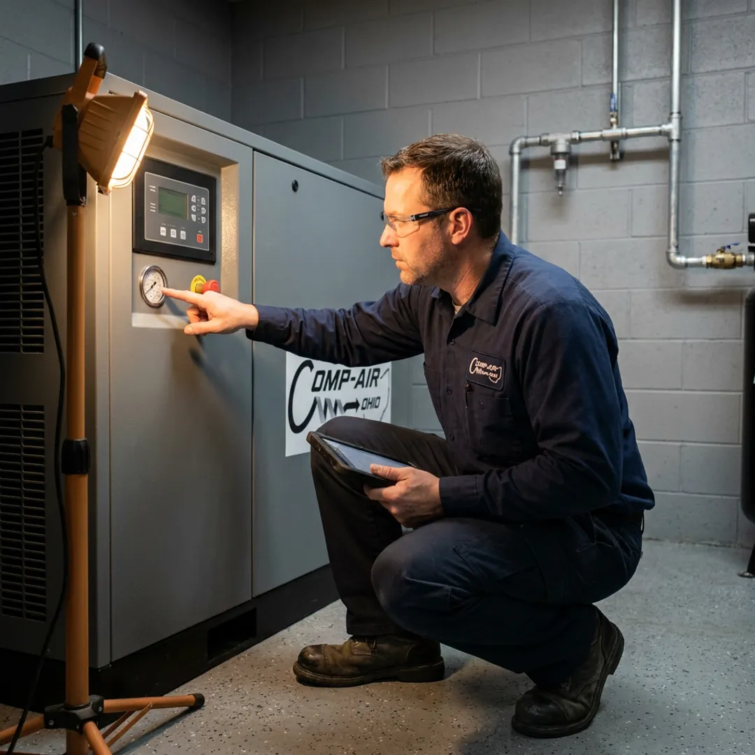 Emergency compressor service technician checking controls