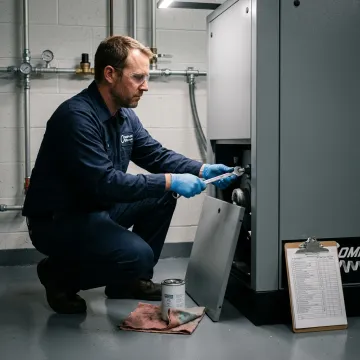 Technician servicing an industrial air compressor