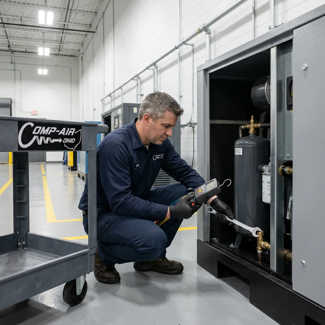 Technician repairing an industrial air compressor