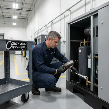 Technician repairing an industrial air compressor