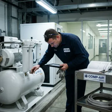 Technician inspecting pharmaceutical compressor and filtration equipment