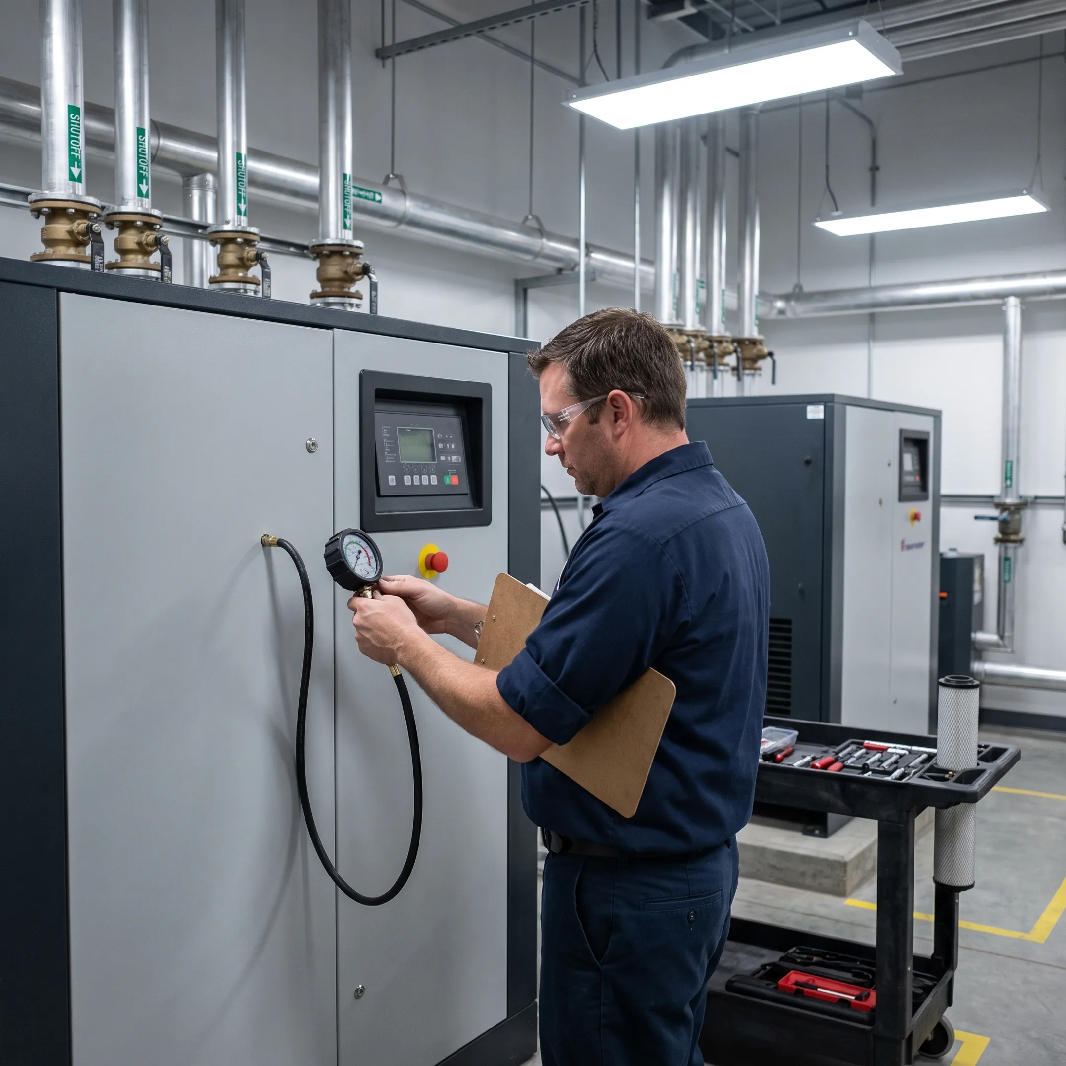 Technician servicing an industrial air compressor