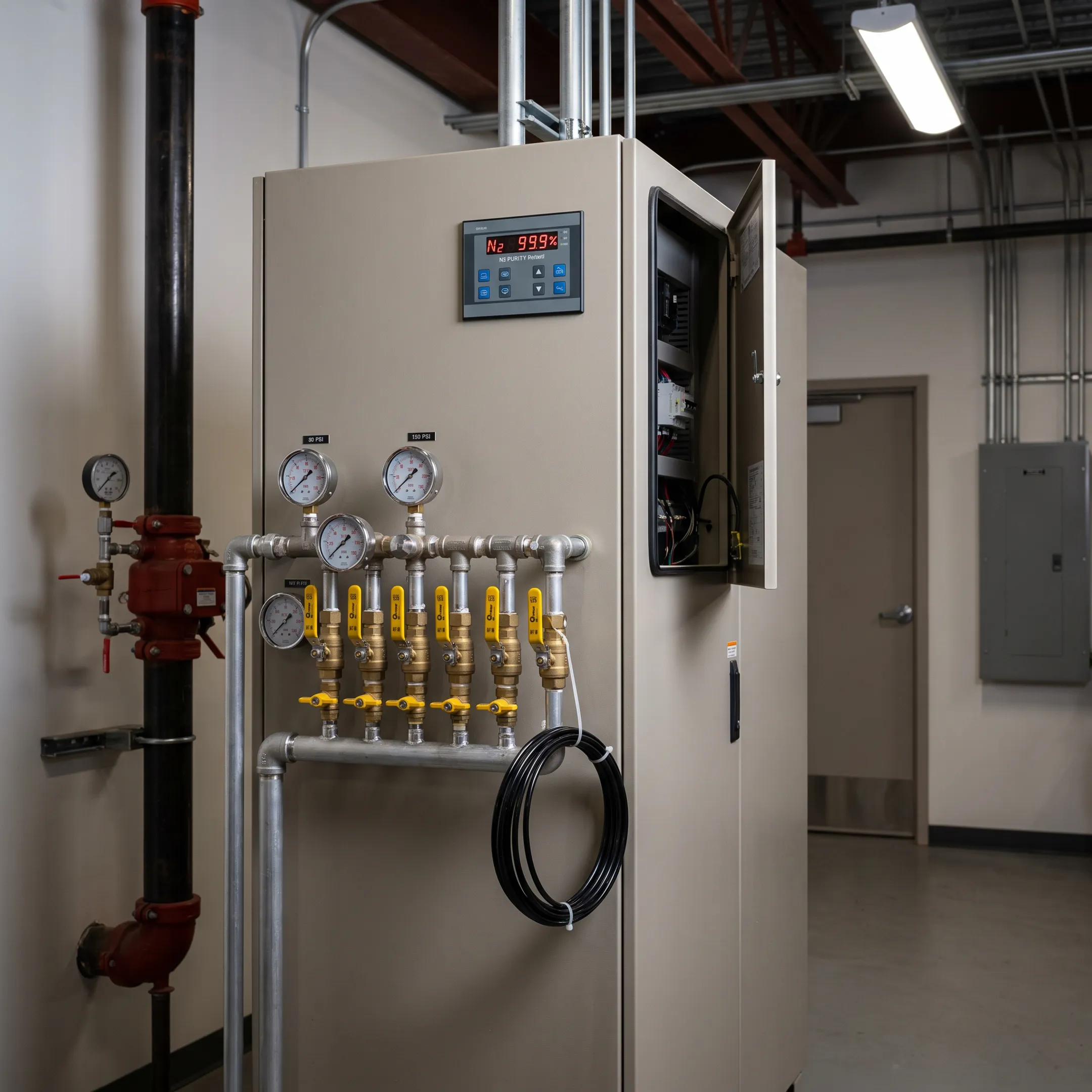Nitrogen generator connected to dry fire sprinkler piping