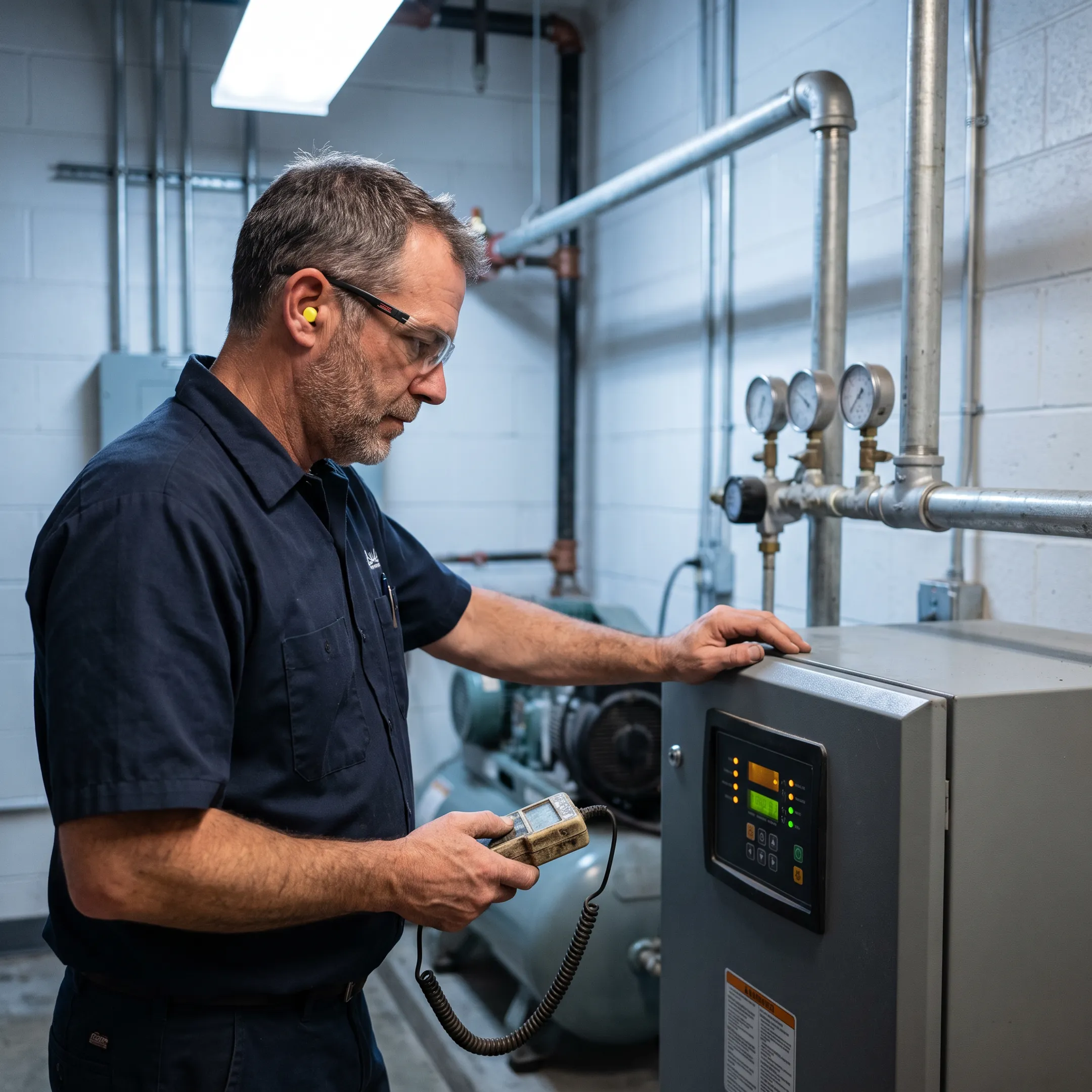 Technician reviewing nitrogen generator controls