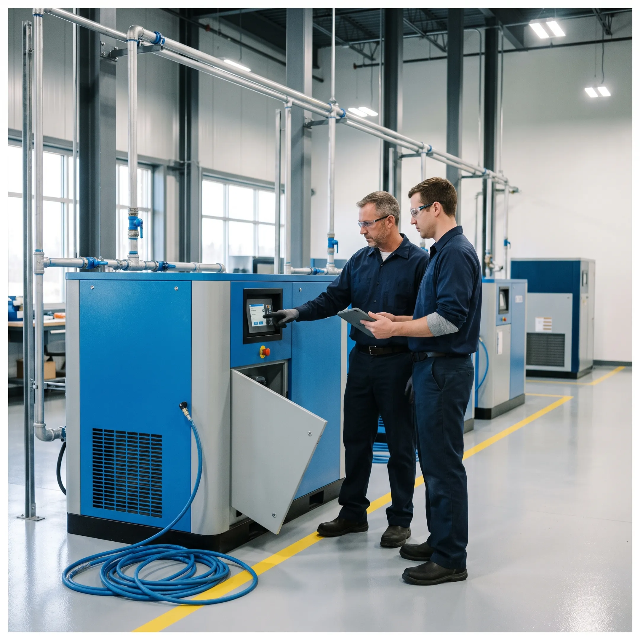 Engineers reviewing a compressed air system