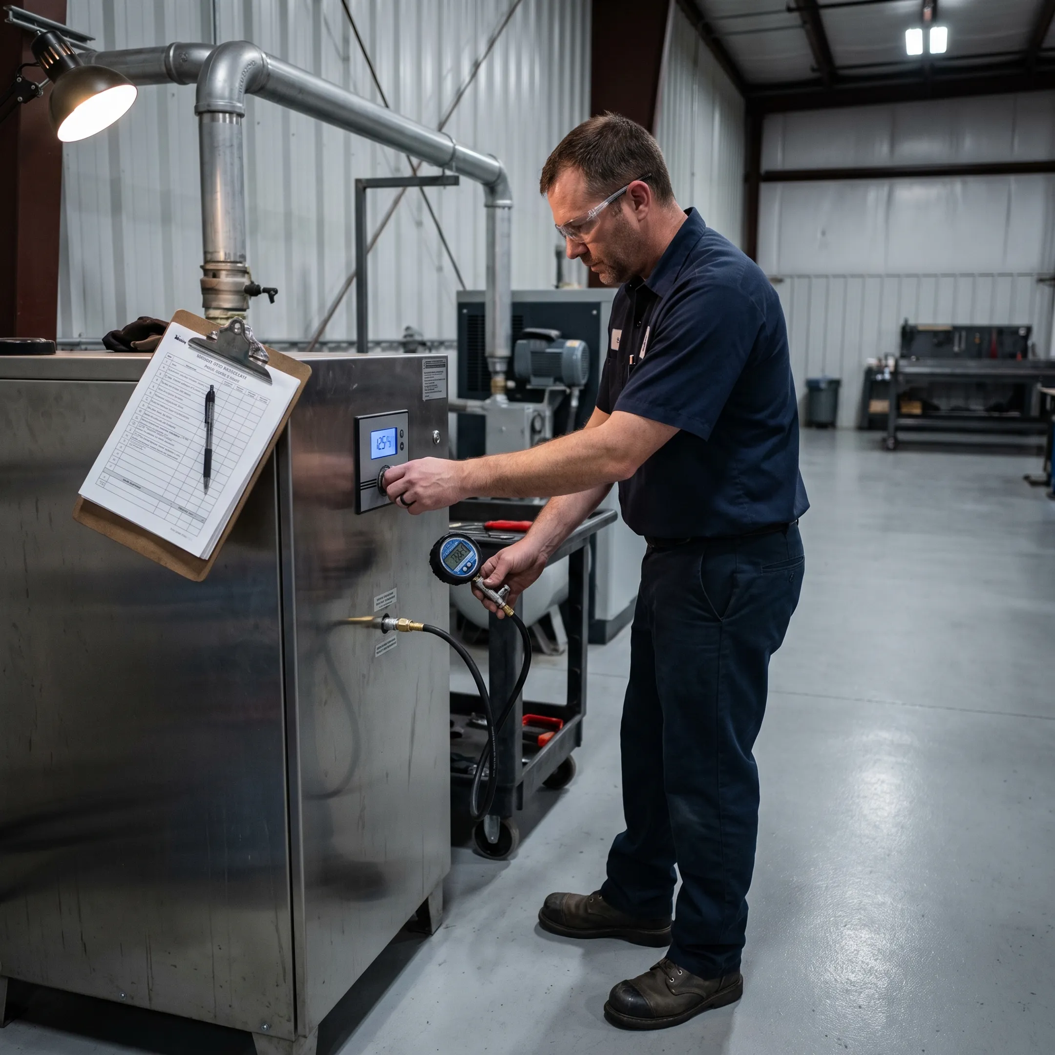Technician checking nitrogen generator controls