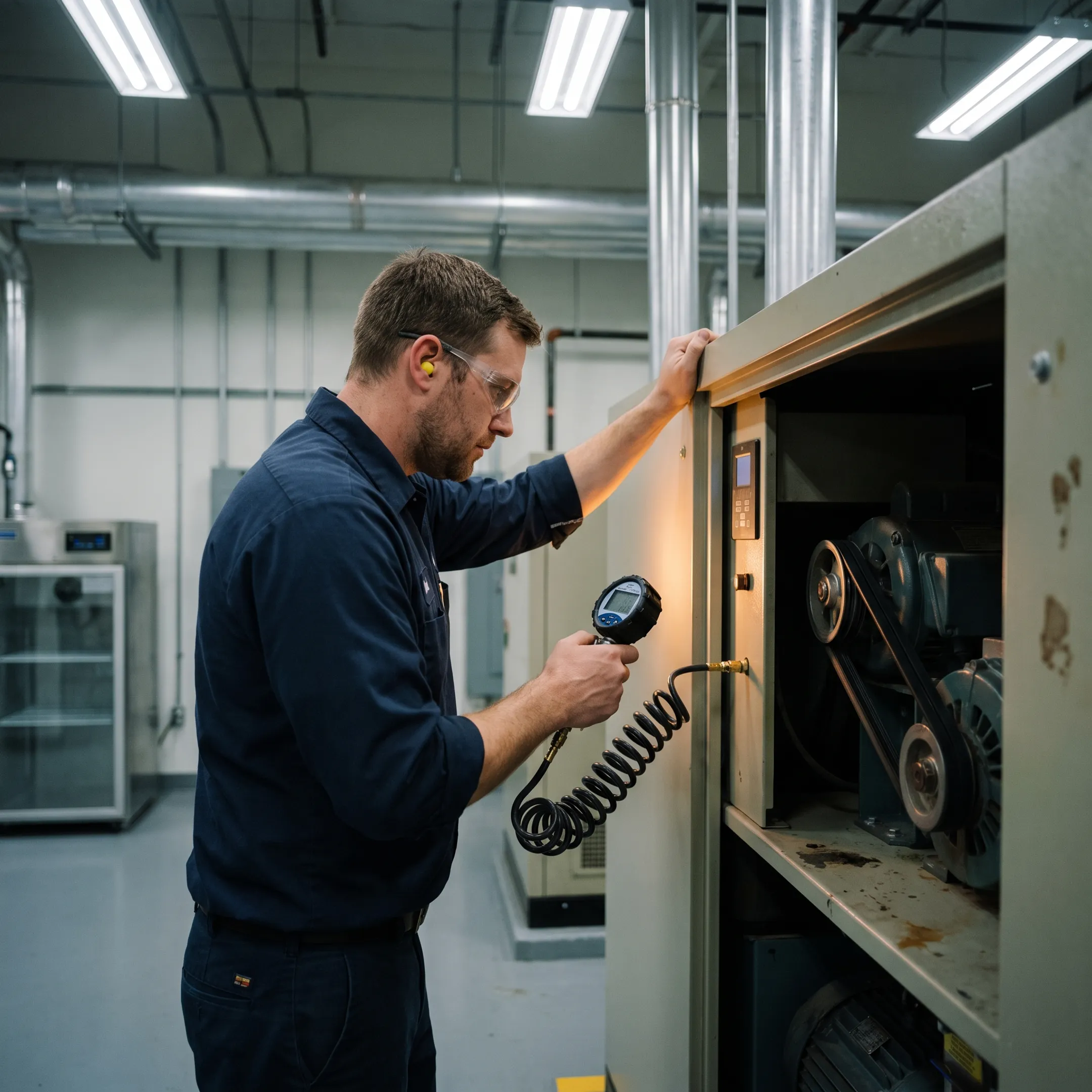 Technician servicing an industrial air compressor