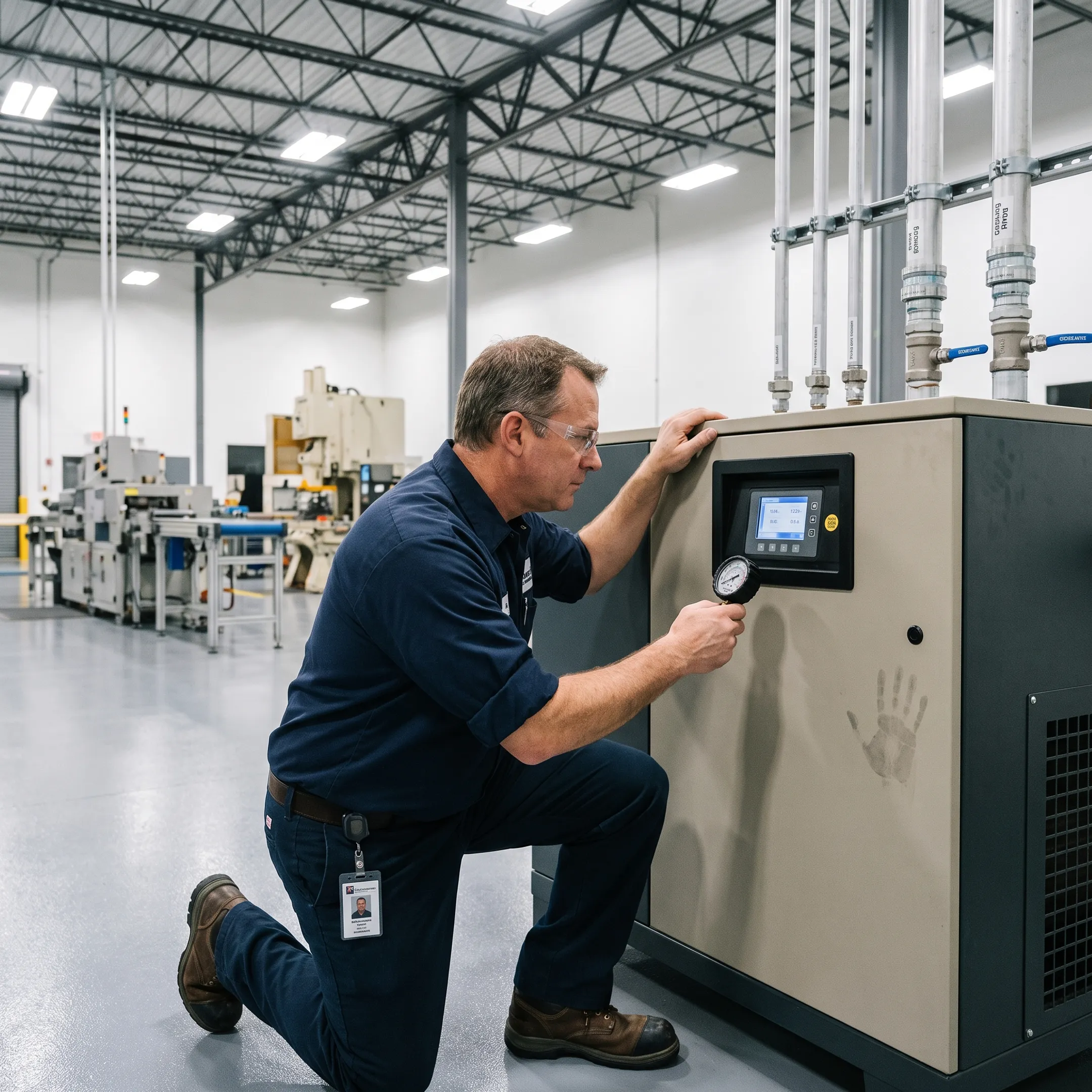 Industrial air compressor operating in a manufacturing plant