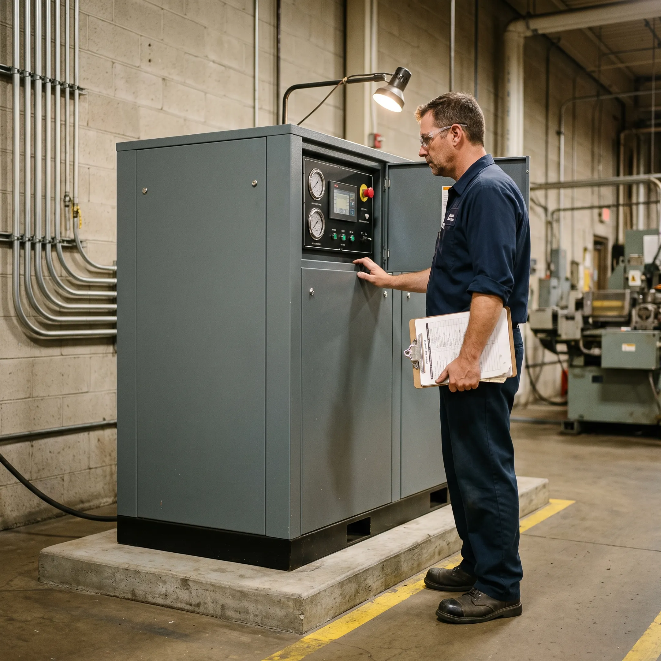 Technician reviewing a rental air compressor