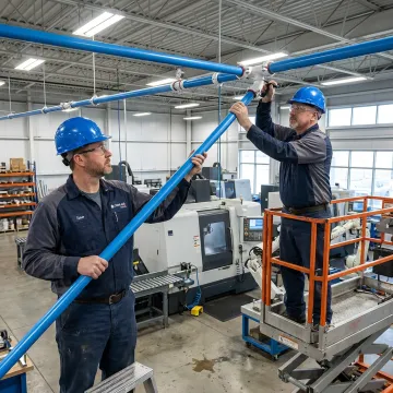 Technicians installing compressed air piping in an industrial facility