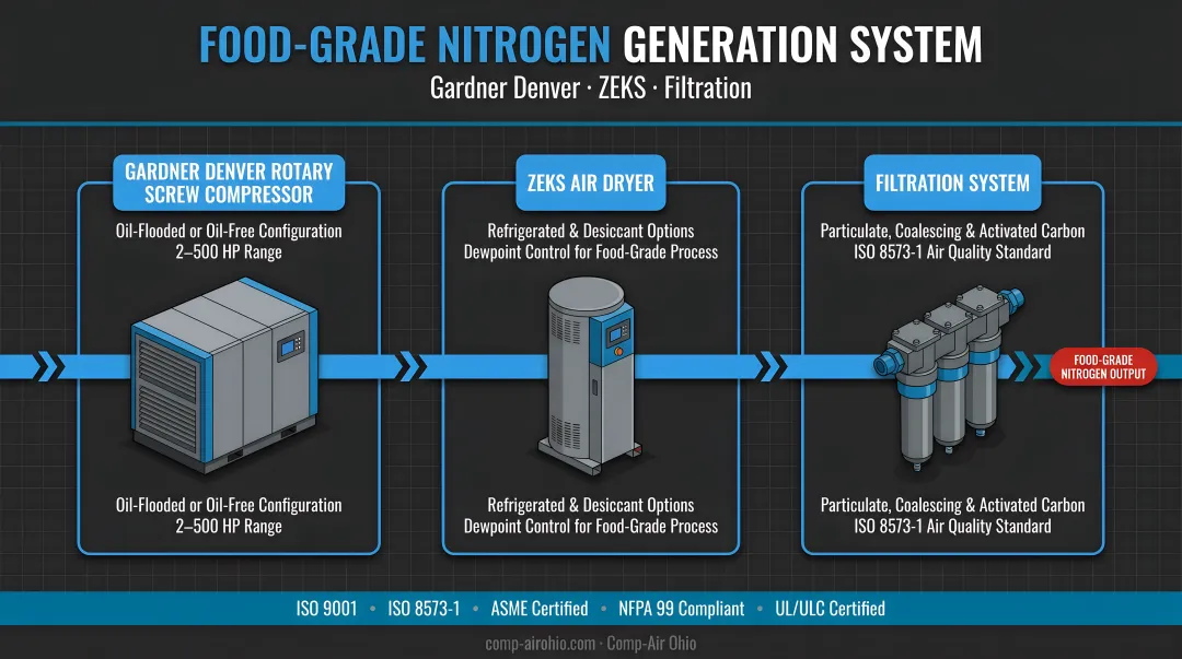 Gardner Denver compressor paired with ZEKS dryer and filtration system for food-grade nitrogen