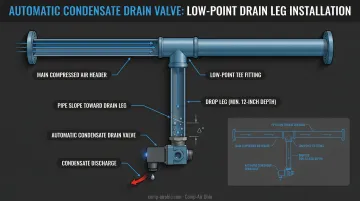 Automatic condensate drain valve installed at compressed air pipe low point drain leg