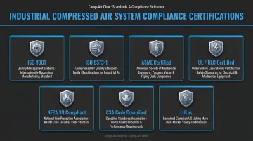 Industrial compressed air system compliance certifications including NFPA and ISO standards