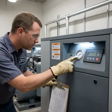 Technician reviewing rental air compressor controls