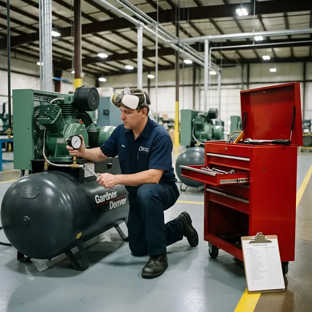 Technician repairing an industrial air compressor