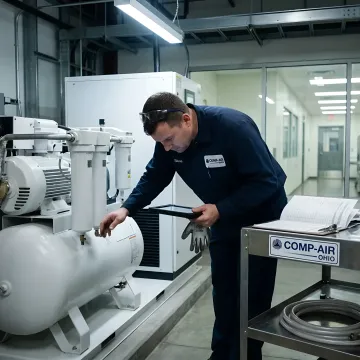 Technician inspecting pharmaceutical compressor and filtration equipment