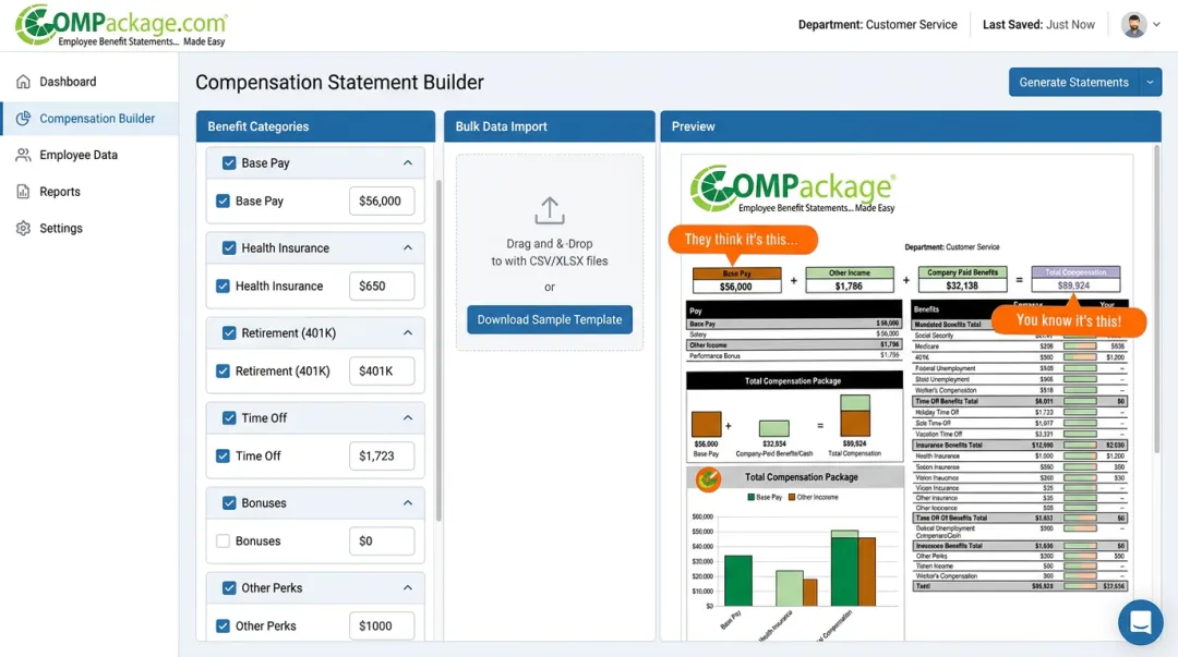 COMPackage software dashboard displaying employee compensation report generation interface