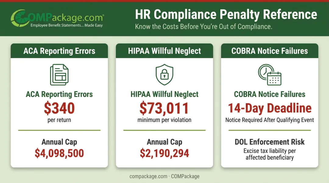 ACA HIPAA and COBRA compliance penalty amounts comparison infographic