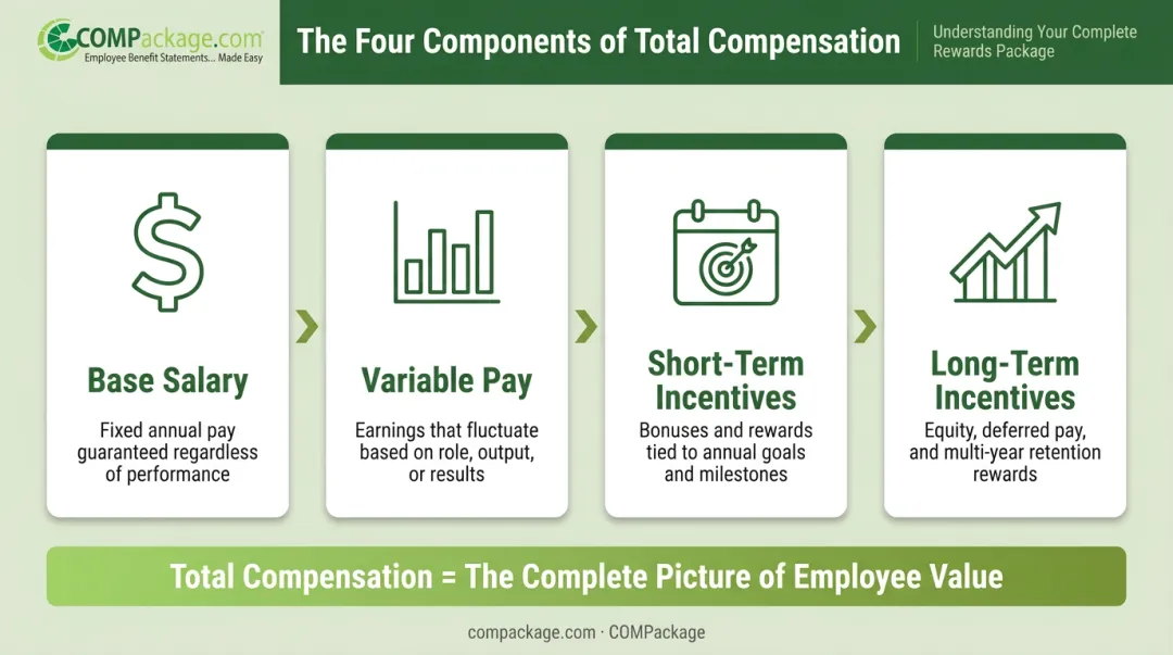 Four-part total compensation breakdown infographic base salary to long-term incentives