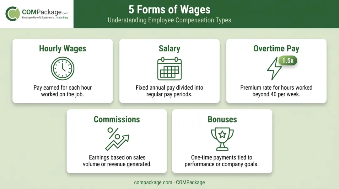 Five types of employee wages from hourly pay to performance bonuses breakdown
