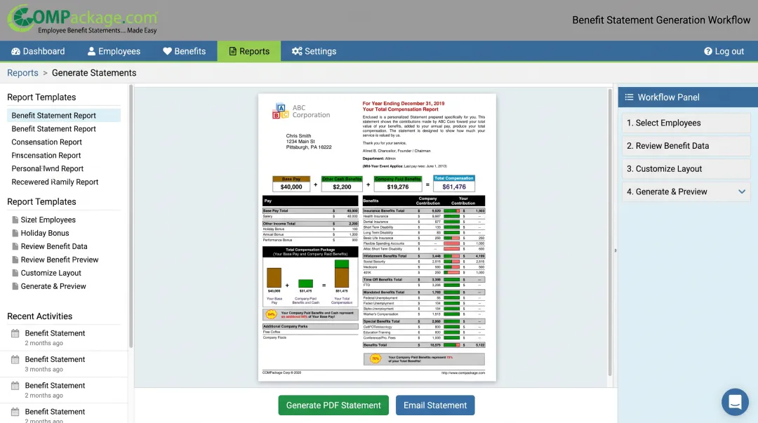COMPackage benefit statement software dashboard showing employee compensation report generation