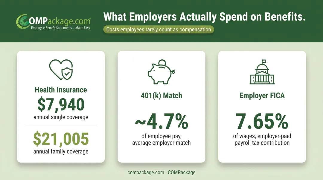 Employee benefits cost breakdown showing health insurance retirement and FICA benchmarks