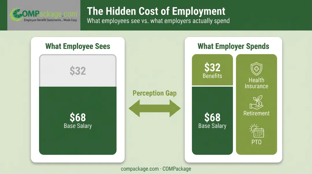 Total compensation breakdown showing base salary versus full employer spend comparison