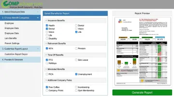 COMPackage total compensation statement report builder interface showing benefit categories