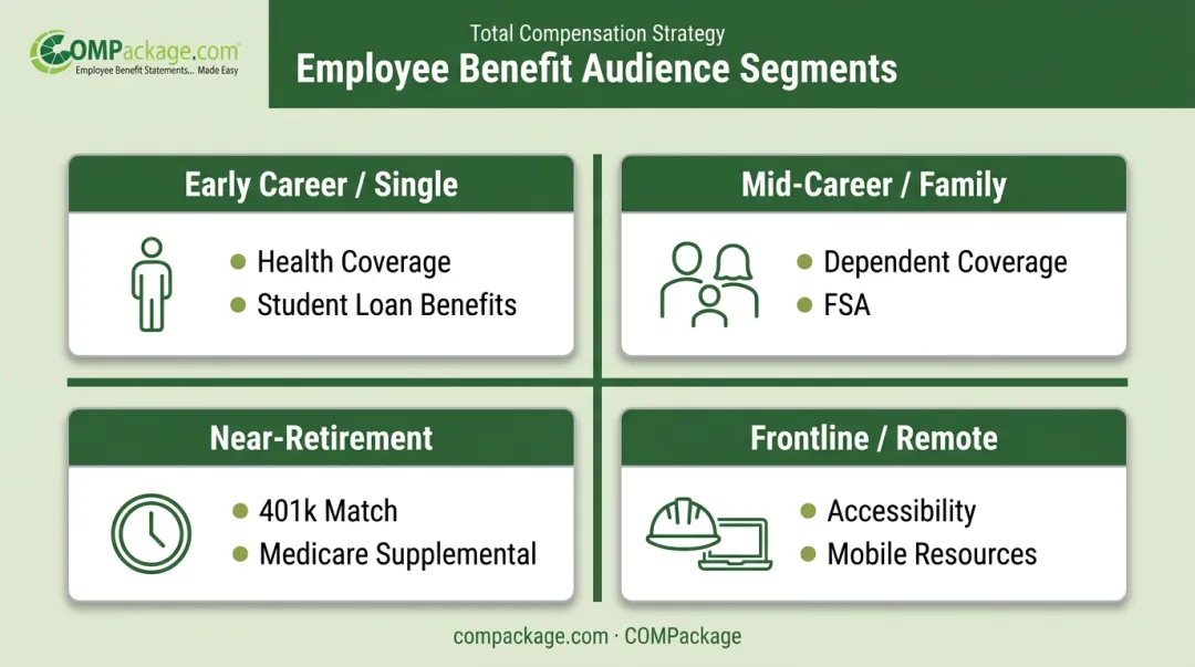 Four employee audience segments with personalized benefits communication strategies
