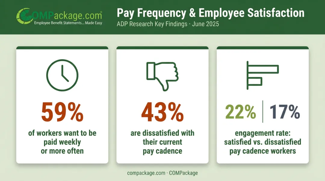 ADP research worker pay frequency satisfaction and engagement statistics comparison infographic