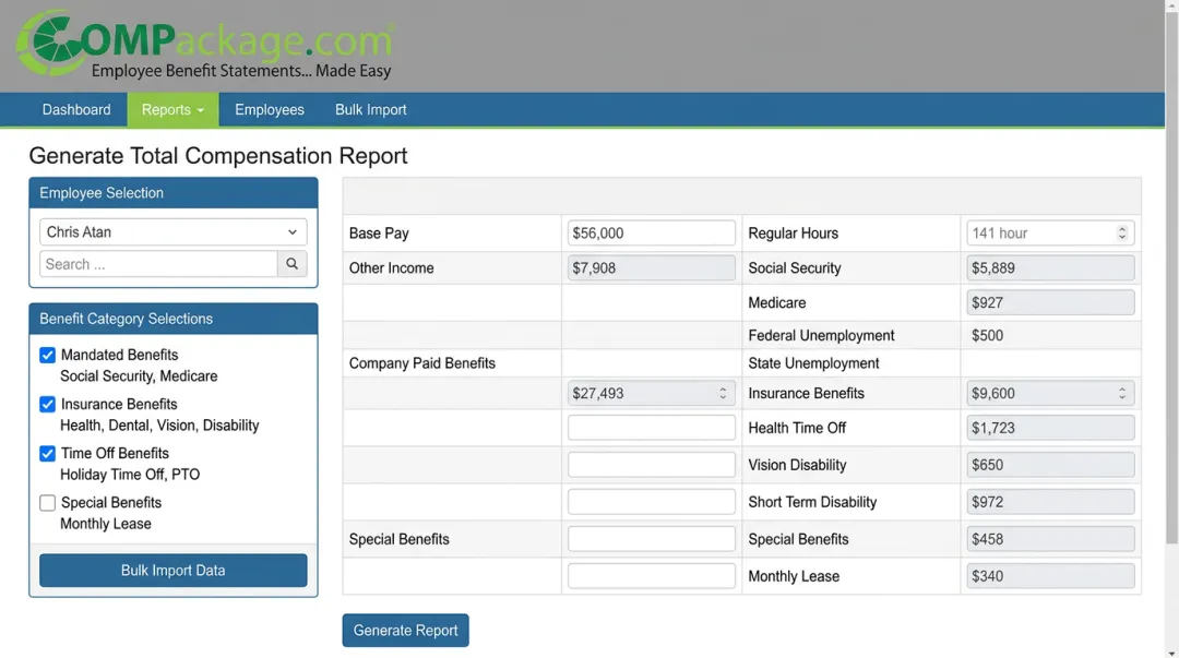 COMPackage total compensation report dashboard showing benefit categories and employee data