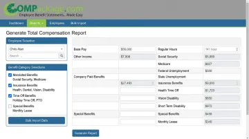 COMPackage total compensation report dashboard showing benefit categories and employee data