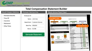 COMPackage total compensation statement platform dashboard showing employee benefit categories and report interface
