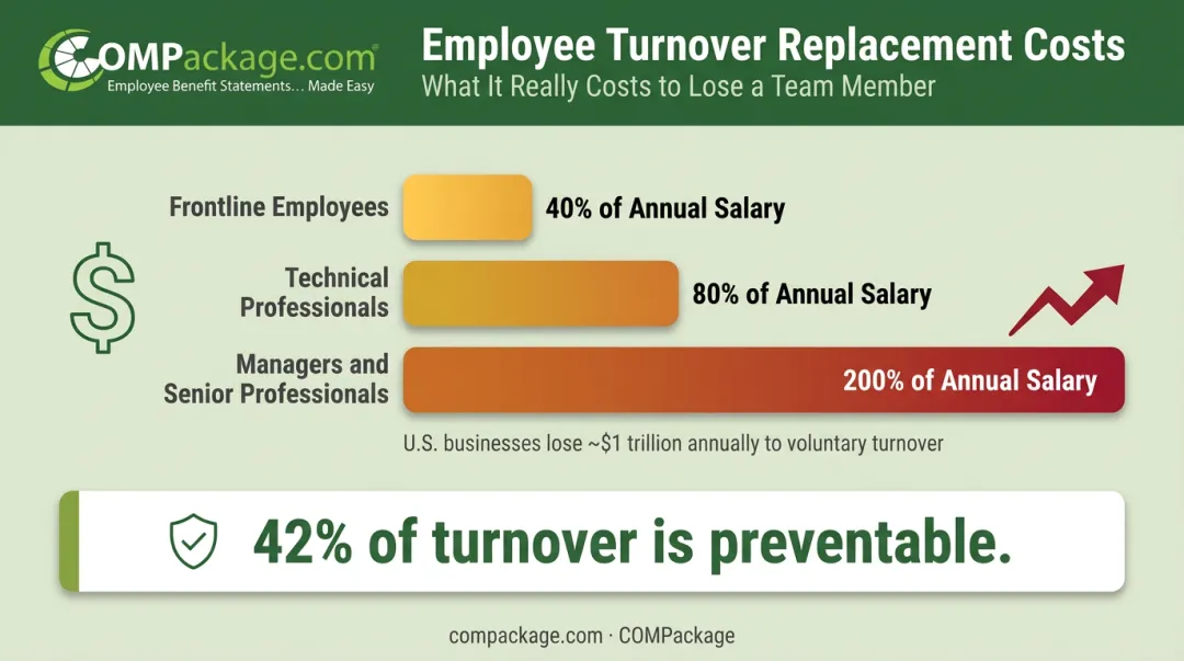 Employee turnover cost by role level showing percentage of annual salary infographic