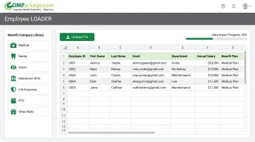 COMPackage software interface showing bulk employee data import and benefit categories