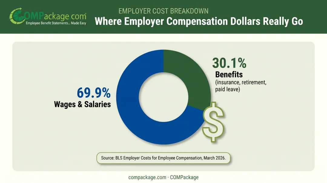 Employer wage versus benefits cost breakdown pie chart infographic