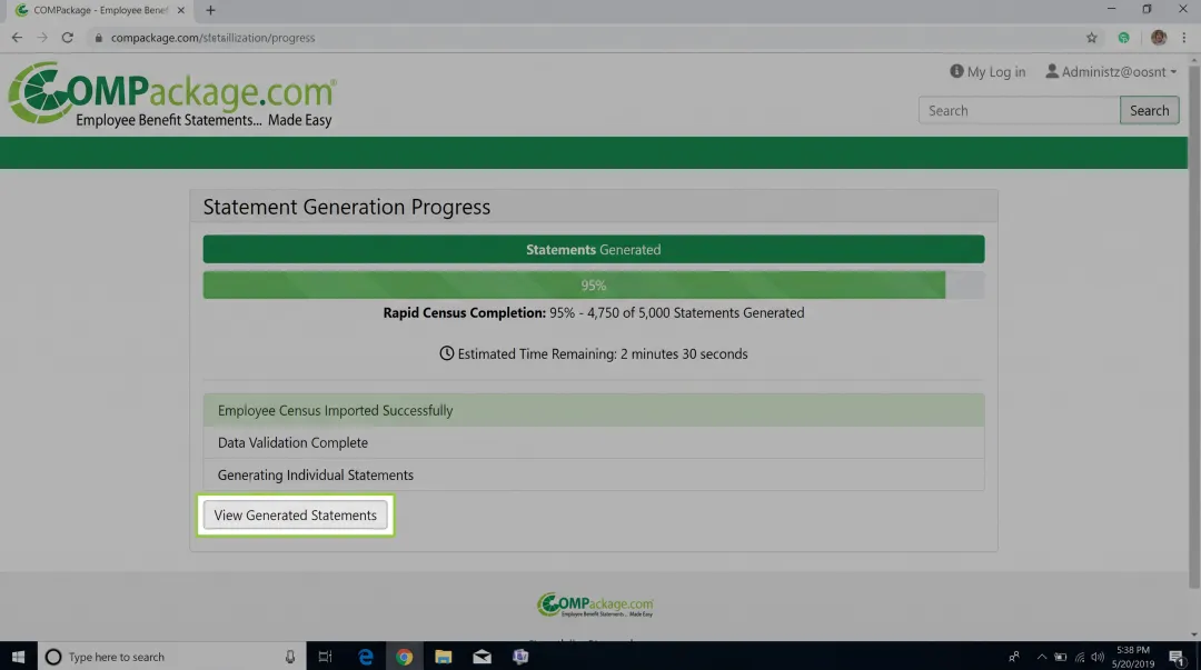 COMPackage software dashboard generating employee compensation statements quickly