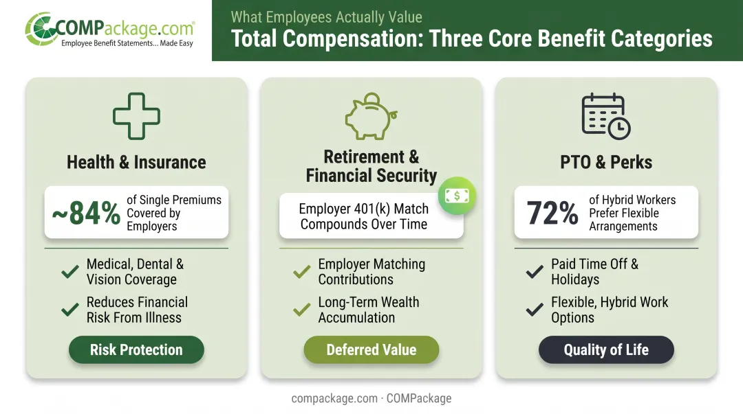 Three core benefit categories comparison showing health retirement and lifestyle perks