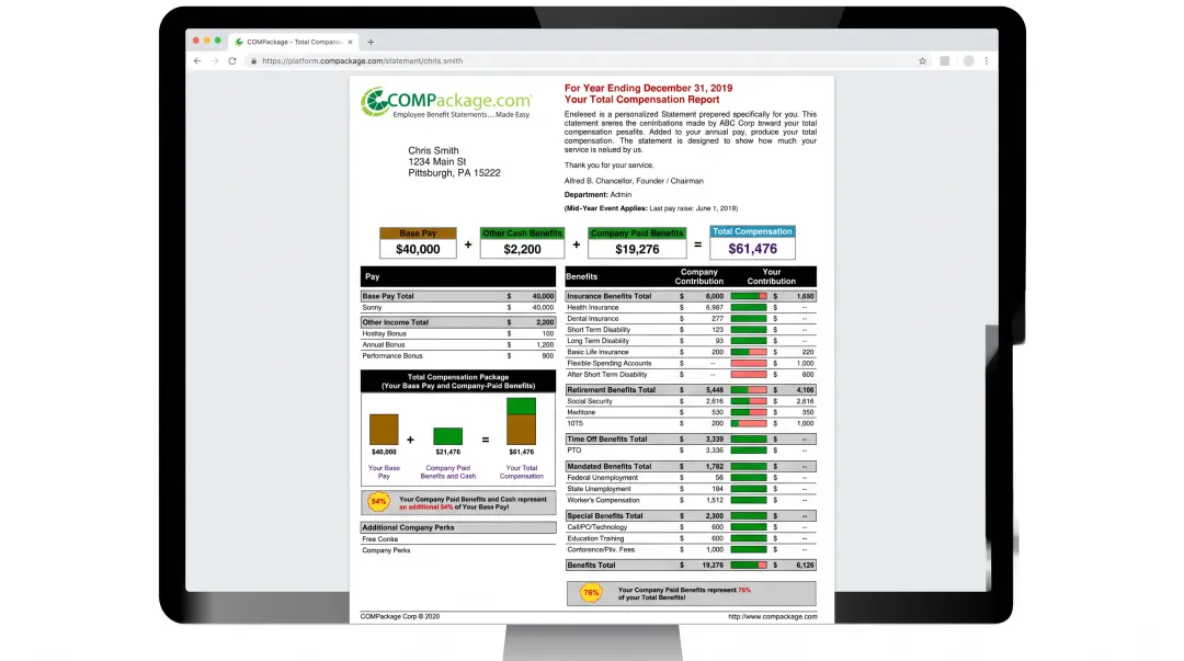 COMPackage total compensation statement dashboard showing personalized employee benefits report